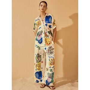 Commense Satin Graffiti Lapel Pants Set L